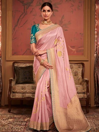 Magnetic Light Pink Zari Woven Silk Event Wear Saree With Blouse 