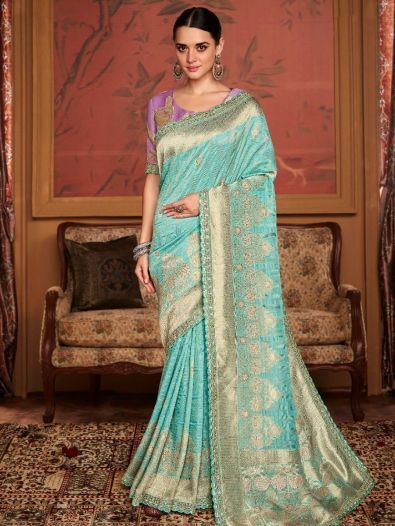 Pleasing Sky-Blue Zari Woven Silk Festival Wear Saree With Blouse 