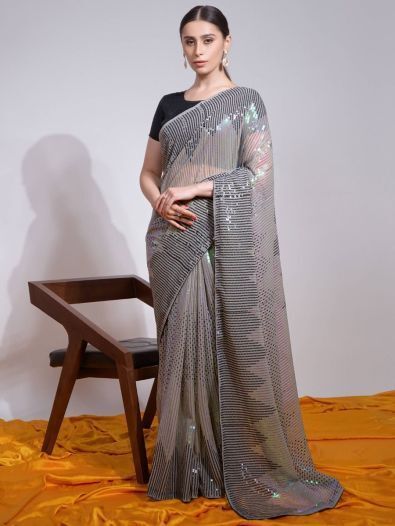 Gorgeous Grey Sequins Georgette Festival Wear Saree With Blouse
