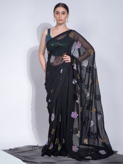 Magnetic Black Sequins Georgette Festival Wear Saree With Blouse
