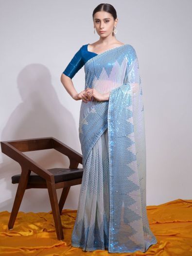 Lovely Light Blue Sequins Georgette Party Wear Saree With Blouse