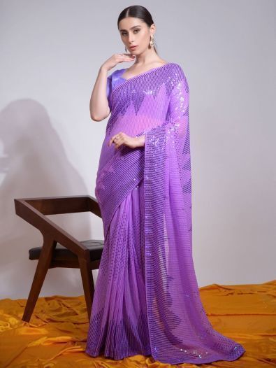 Glamorous Purple Sequins Georgette Trendy Saree With Blouse