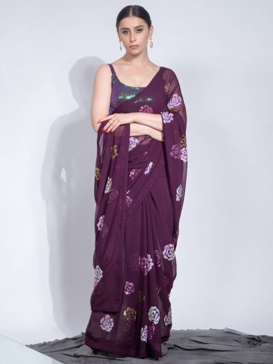 Charming Purple Sequins Georgette Classic Saree With Blouse