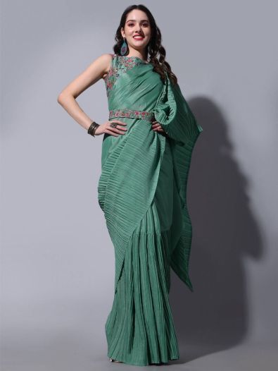 Alluring Green Chinon Party Wear Crushed Saree With Embroidered Blouse