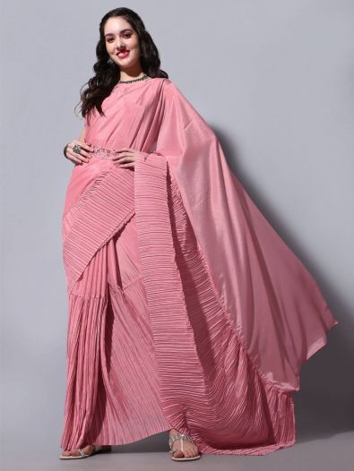 Stunning Pink Chinon Cocktail Party Wear Saree With Embroidered Blouse
