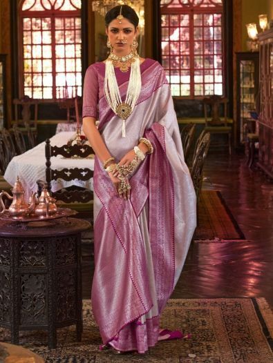 Magnetic Silver Zari Woven Kanjivaram Silk Wedding Wear Saree
