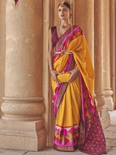 Stunning Yellow Patola Print Silk Traditional Saree With Blouse
