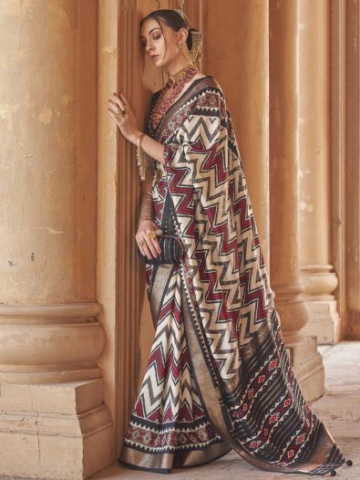Fabulous Black Patola Print Silk Wedding Wear Saree With Blouse