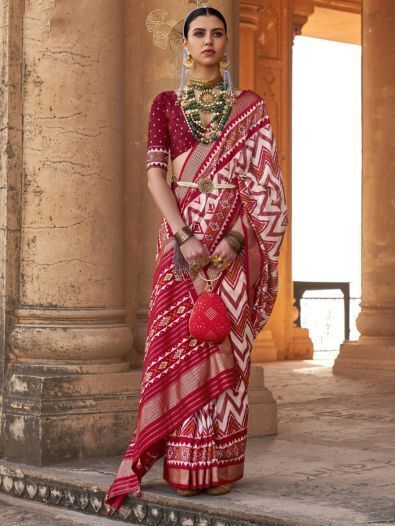 Astonishing Red Patola Print Silk Classic Saree With Blouse