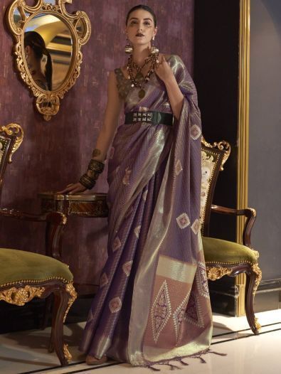 Pretty Purple Zari Weaving Work Silk Festival Wear Saree With Blouse