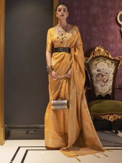 Incredible Yellow Zari Weaving Krimica Silk Saree With Blouse