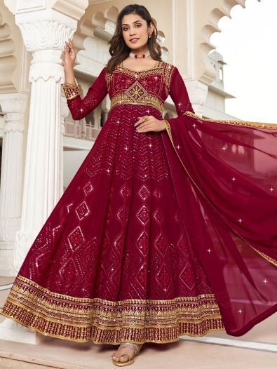 Magnetic Burgundy Embroidered Georgette Gown