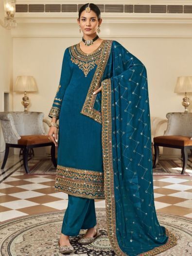 Stunning Teal Blue Embroidered Vichitra Party Wear Salwar Suit