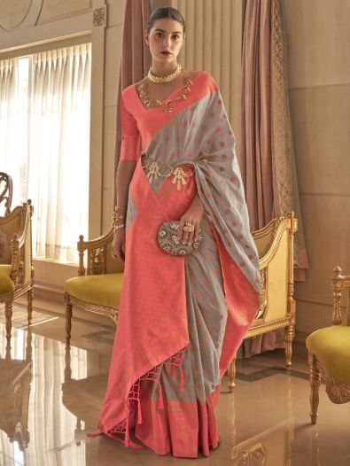 Appealing Grey Zari Woven Silk Traditional Wear Saree With Blouse