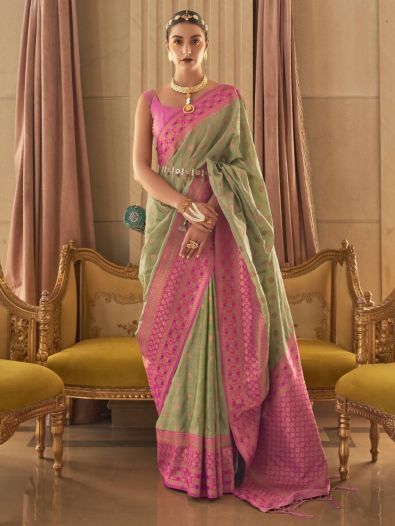 Alluring Light Green Zari Woven Silk Festival Wear Saree With Blouse