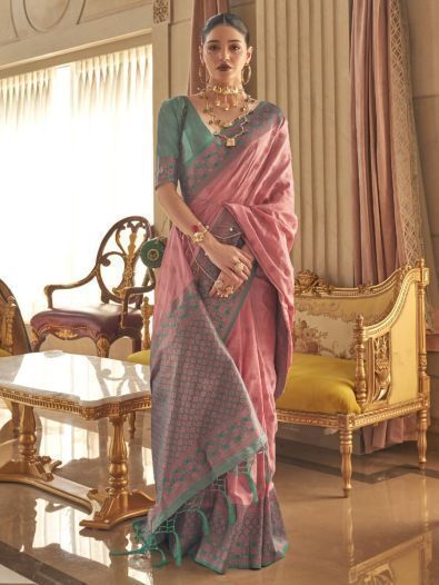 Attractive Light Pink Zari Woven Silk Wedding Wear Saree With Blouse