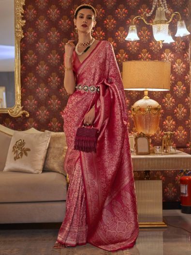 Outstanding Pink Woven Silk Reception Wear Saree With Blouse