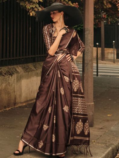 Stunning Brown Woven Satin Reception Wear Saree With Blouse