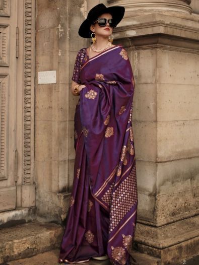Enchanting Purple Woven Satin Function Wear Saree With Blouse