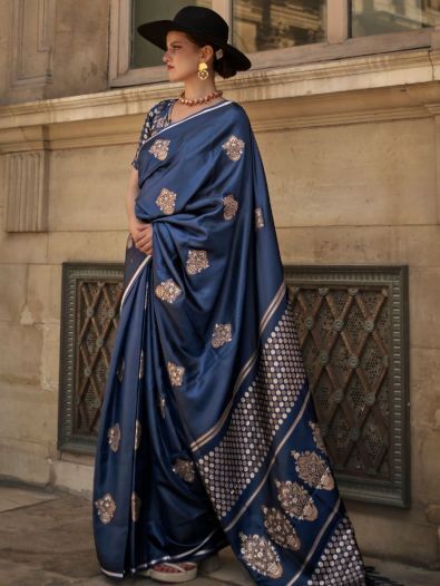 Charming Navy Blue Woven Satin Function Wear Saree With Blouse