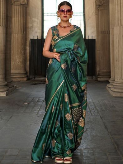 Gorgeous Green Woven Satin Reception Wear Saree With Blouse