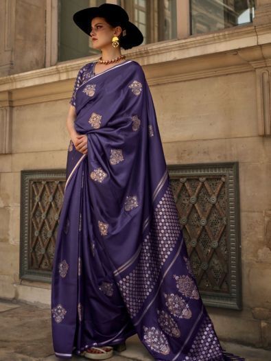 Glamorous Violet Woven Satin Function Wear Saree With Blouse