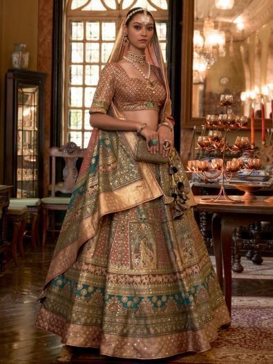 Stunning Brown Woven Rajwadi Silk Wedding Lehenga Choli With Dupatta