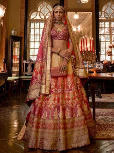 Charming Red & Beige Zari Woven Rajwadi Silk Bridal Lehenga Choli 