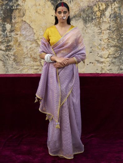 Awesome Lavender Organza Event Wear Saree With Embroidered Blouse