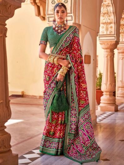 Glamorous Red Patola Printed Silk Festival Wear Saree With Blouse