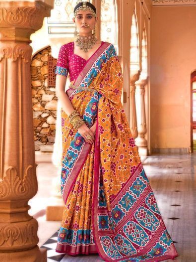 Appealing Yellow Patola Printed Silk Wedding Wear Saree With Blouse