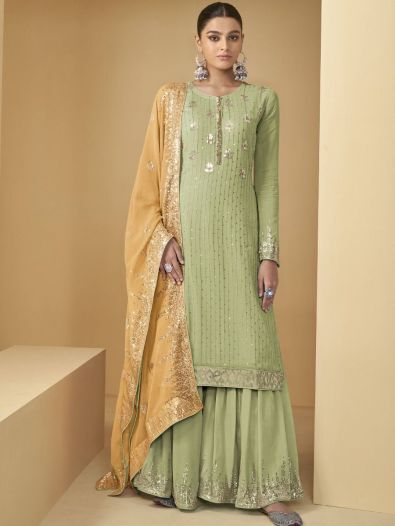 Stunning Pista Green Embroidered Georgette Wedding Wear Sharara Suit