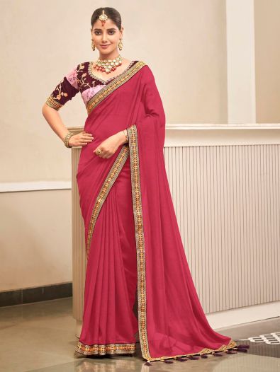 Fabulous Coral Red Embroidered Border Vichitra Silk Function Wear Saree