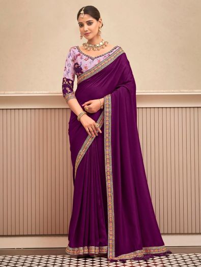 Incredible Wine Embroidered Border Vichitra Silk Saree With Blouse