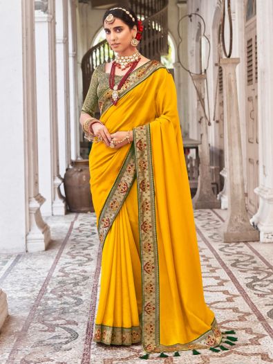Dazzling Yellow Embroidered Border Vichitra Silk Haldi Wear Saree