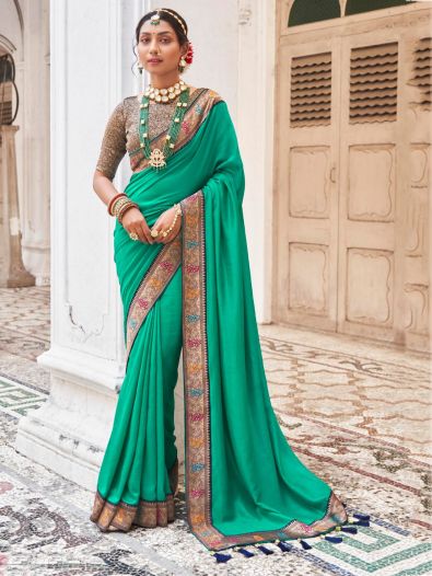 Lovely Teal Green Embroidered Border Vichitra Silk Saree With Blouse