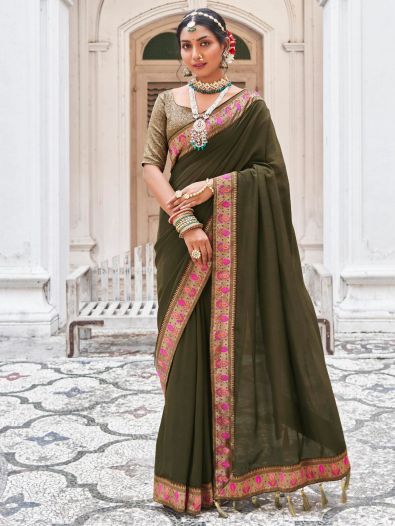 Adorable Olive Green Embroidered Border Vichitra Silk Saree With Blouse