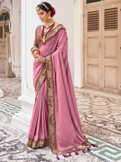 Bewitching Pink Embroidered Border Vichitra Silk Festive Wear Saree