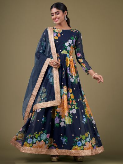 Stunning Navy Blue Floral Printed Georgette Gown With Dupatta