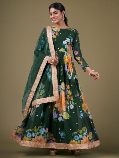Ravishing Green Floral Printed Georgette Gown With Dupatta