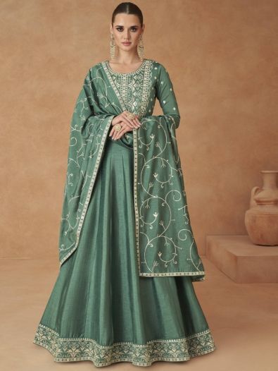 Awesome Green Sequins Silk Festive Wear Gown With Dupatta
