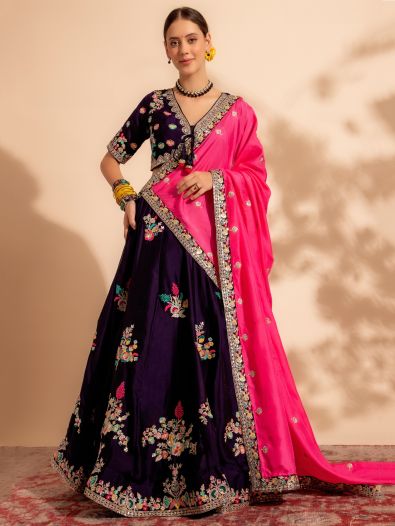 Magnificent Purple Thread Work Organza Wedding Wear Lehenga Choli