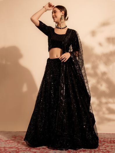 Seductive Black Sequins Net Party Wear Lehenga Choli With Dupatta