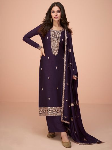 Stunning Purple Embroidered Silk Events Wear Palazzo Suit With Dupatta