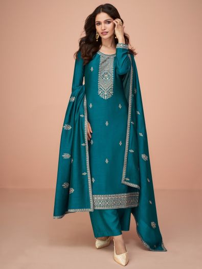 Amazing Teal Blue Embroidered Silk Occasions Wear Palazzo Suit