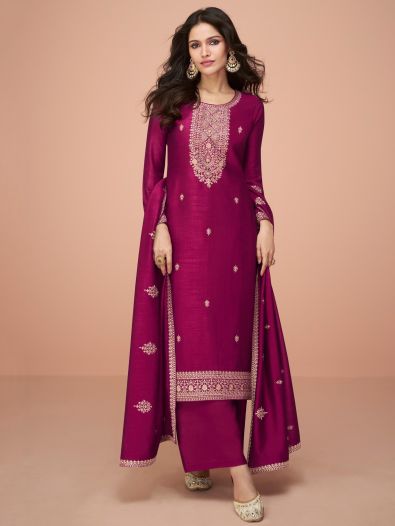 Impressive Pink Embroidered Silk Wedding Wear Palazzo Suit