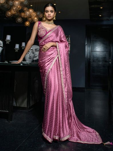 Glamorous Pink Zari Weaving Satin Reception Wear Saree With Blouse