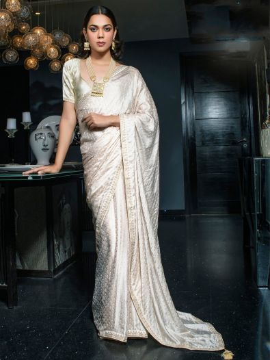 Ravishing Off White Zari Weaving Satin Function Wear Saree With Blouse