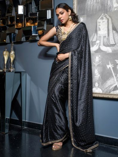 Exquisite Black Zari Weaving Satin Party Wear Saree With Blouse