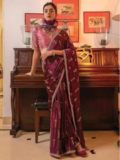 Awesome Wine Zari Weaving Satin Reception Wear Saree With Blouse